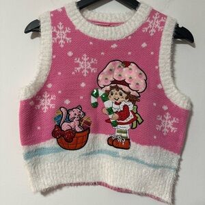 Strawberry Shortcake Pink Knit Sweater Vest with Snowflake and Character Design
